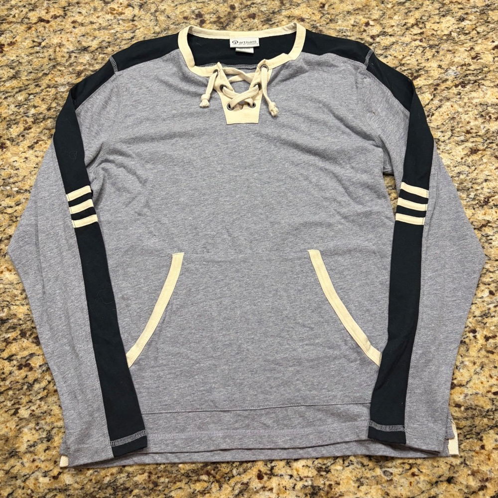 Artisans Lace Up V Neck Shirt Womens Medium Gray Black Striped Kangaroo Pocket
